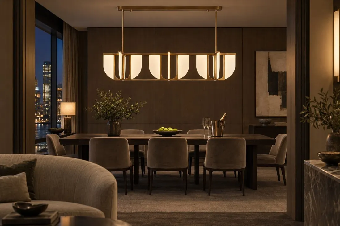 Alora Anders chandelier lit over a hotel suite dining table at night