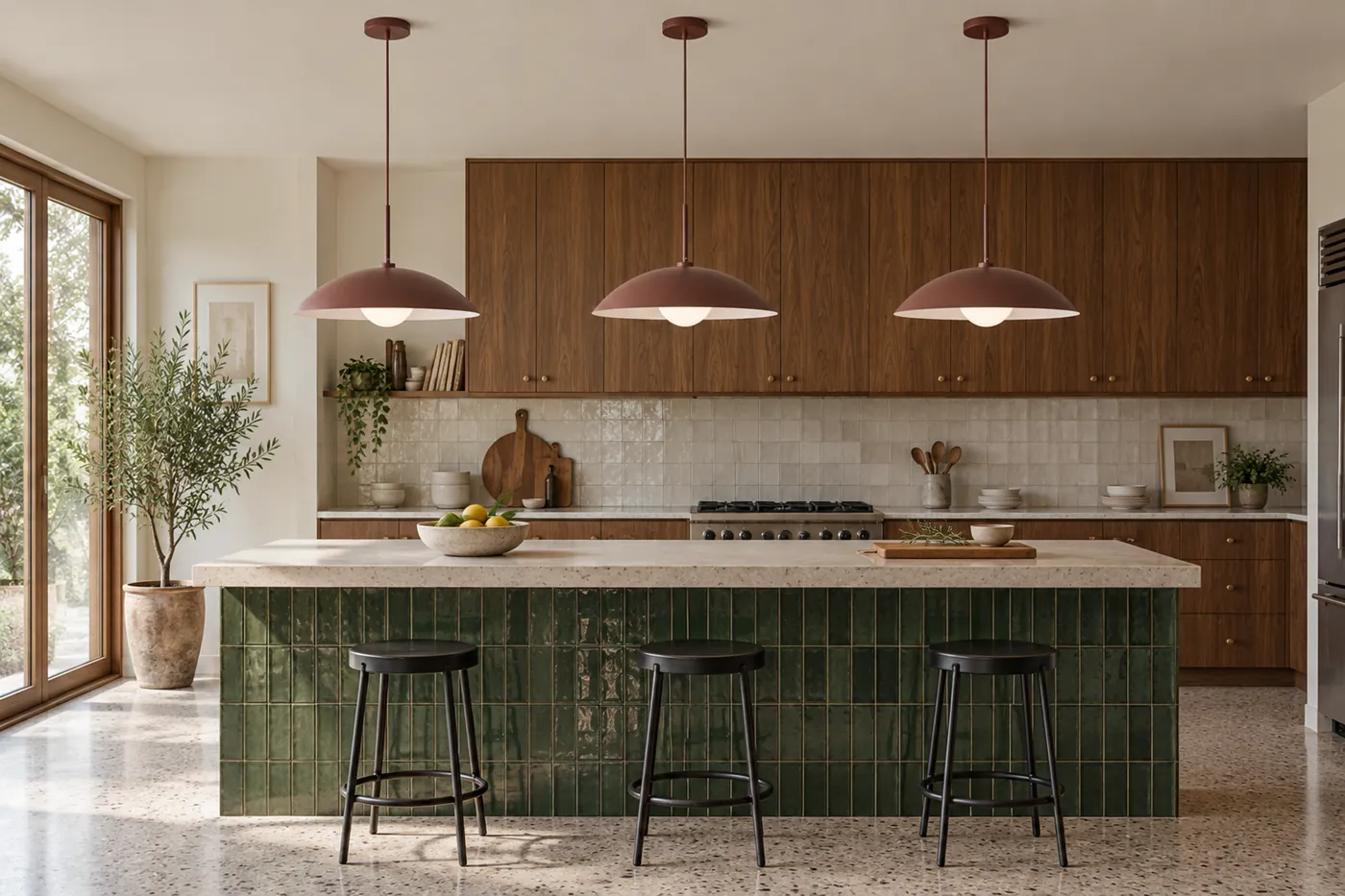 Three burgundy Regent pendants over a green-tile kitchen island, high-resolution master